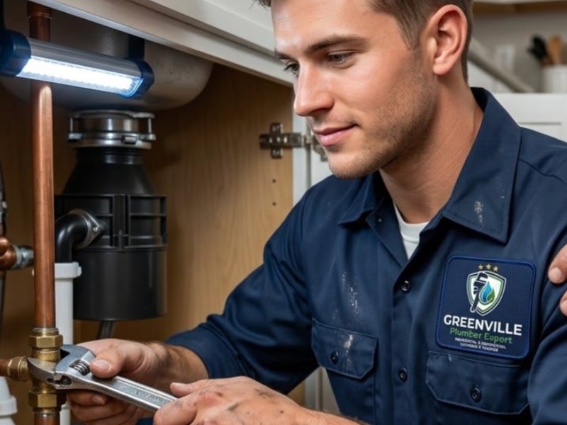 Plumber unjamming garbage disposal and repairing under-sink kitchen pipes in Simpson NC